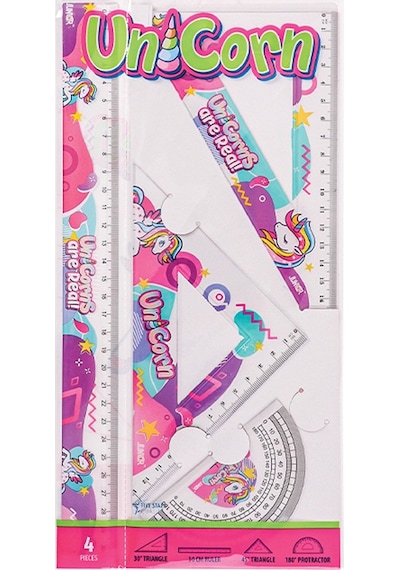 Unicorn Cetvel Takımı 30 Cm 1 Paket Cetvel Gönye İletki Şeffaf Çizim Takımı Pergelli Çizim Seti 4 Parça Kız Çocuk Çok Renkli