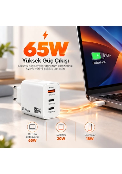 Linkage Lkc-61 Gan 65w Hızlı Şarj Adaptörü - 3 Çıkışlı 2x Usb-c Pd + 1x Usb-a Akıllı Güç Dağıtımlı Laptop, Tablet Ve Telefon Şarj Cihazı, Beyaz