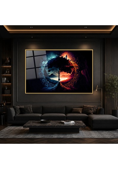 Gece Gündüz Daire İçinde Ağaç Gold Çerçeveli Cam Tablo