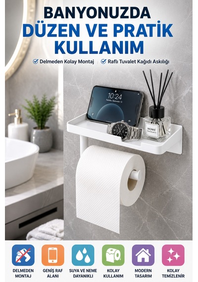 Beyaz Yapışkanlı Raflı Tuvalet Kağıdı Askılığı Delmeden Montaj Banyo Organizer Telefon Rafı Askısı