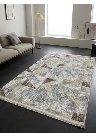 Gri Krem Kahve Kaymaz Taban Yıkanabilir Kesme Yolluk Halı Modern Desen