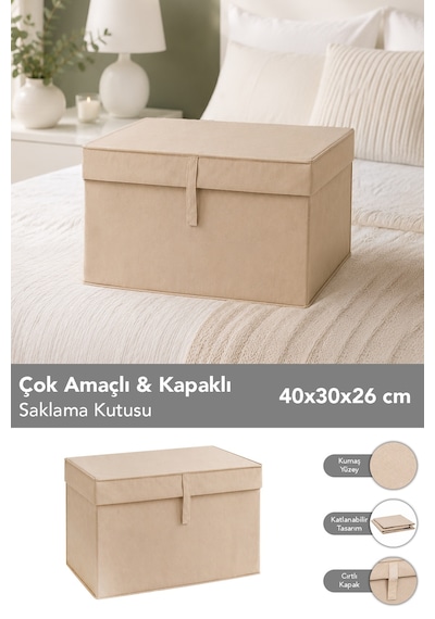 Mini Boy Hurç - Çok Amaçlı Organizer Kapaklı Saklama Kutusu 40x30x26cm Bej