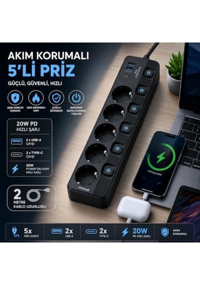 Akım Korumalı Priz, 5'li Priz Soketi, 5x Fiş Soketi, 20w Pd Hızlı Şarj, 2x Usb Girişi, 2x Type-c Girişi, Isıya 0