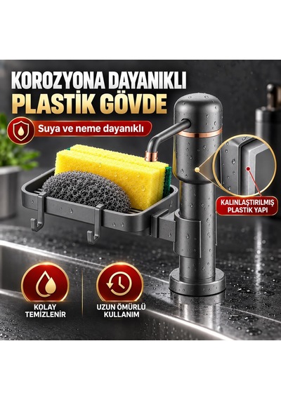 Valkyrie 2 Si 1 Arada Siyah Mutfak Sıvı Sabunluk Ve Süngerlik Seti Tezgah Üst Pompalı Dispenser 360