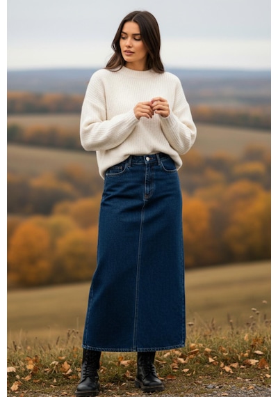 Dema Kadın Koyu Mavi Pamuklu Denim Etek Koyu Mavi