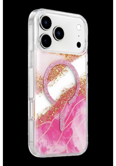 Onegif Apple iPhone Uyumlu 17 Pro Lotus Simli Magsafe Kapak - Pembe Bz8683140940904