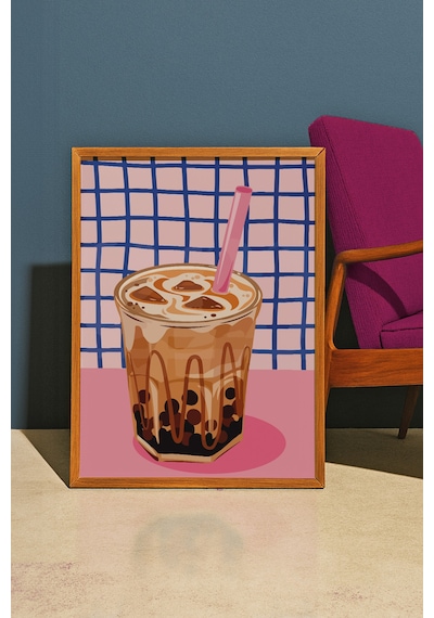 Latte Bardağı Tasarımlı Kahve Köşesi Dekoratif Poster Tablo Ahşap Çerçeveli