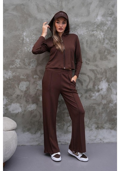Elaxi Modal Kumaş Slim Fit Kapüşonlu İkili Takım Kahverengi