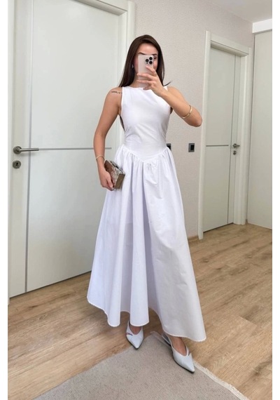Defymoda Sifir Kol Beli Oturtmalı Kolsuz Uzun Elbise - Beyaz Beyaz