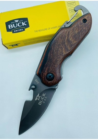 Buck Marka Ahşap Kasa Küçükboy Mini Kamp Çakı //15cm-x48 Gri - Kahverengi
