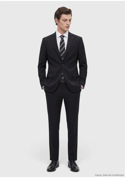 Ramsey Siyah Düz Modern Fit Yün Karışımlı Takım Elbise