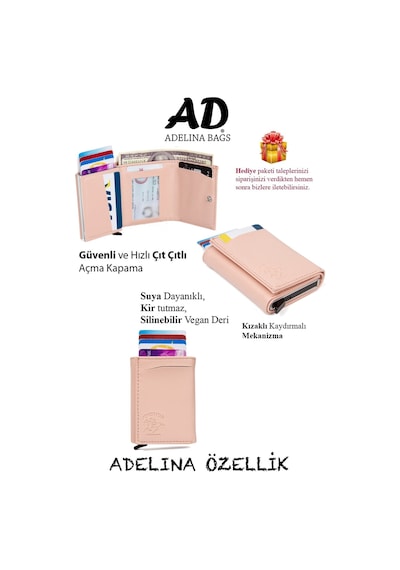 Adelina Bags Pudra Pembe Nova Deri Mekanizmalı Otomatik Kızaklı Kartlık Pudra