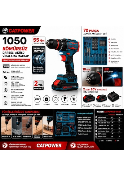Catpower 1050 Kömürsüz Darbeli Şarjlı Matkap Vidalama 20v 2.0ah 55 Nm Brushless Çift Akülü 70 Parça Set