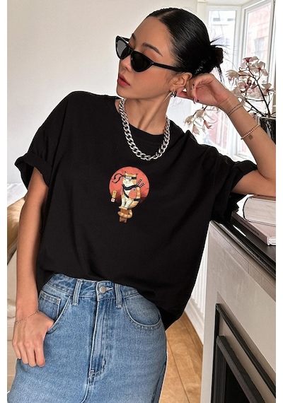 Unisex Shinobi Baskılı T-shirt Siyah