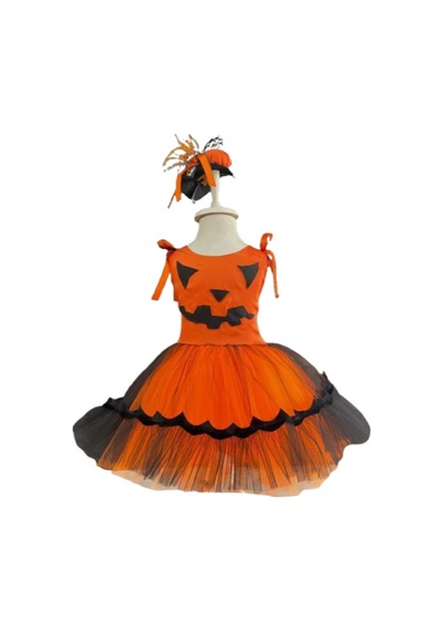 Halloween Cadılar Bayramına Özel Turuncu -siyah Arkası Lastikli Tokalı Balkabağı Kız Kostümü
