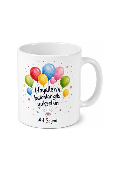 Balon Temalı Baskılı Kupa Bardak Hediye Doğum Günü Kutlama Porselen Kupa Beyaz / Çok Renkli