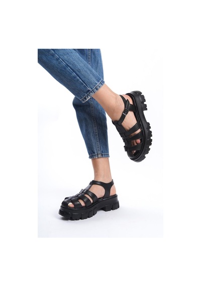 Preshley Kadın Petra Siyah Yüksek Taban Kafes Model Sandalet 950