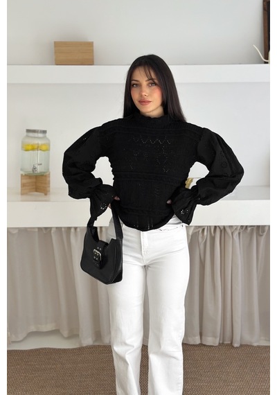 Femelle Siyah Fisto Brode Detaylı Triko Bluz Standart Beden