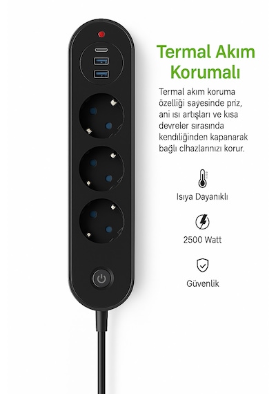 Termal Akım Korumalı 3 Priz + 3 Usb 2 Usb-a + 1 Usb-c Çoklayıcı 2500w Güvenlikli Anahtarlı Priz 2 M