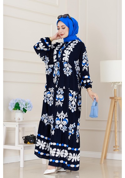 Sevitli Yarım Düğmeli Robalı Belinay Elbise-lacivert-5095