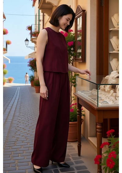 Benerly Kadın Kolsuz Bisiklet Yaka Dokuma Bluz Pantolon Takımı %100 Liyos bordo