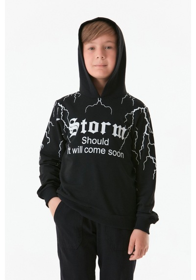 Fullamoda Baskılı Kapüşonlu Erkek Çocuk Sweatshirt 25kcck1303206202-siyah 25KCCK1303206202-Siyah