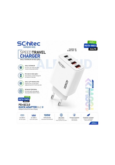 Schitec 100w 4 Çıkışlu 2 Type-c + 2 Usba Qc 3.0 Süper Hızlı Şarj Adaptörü Başlığı Hg/ta-106eu