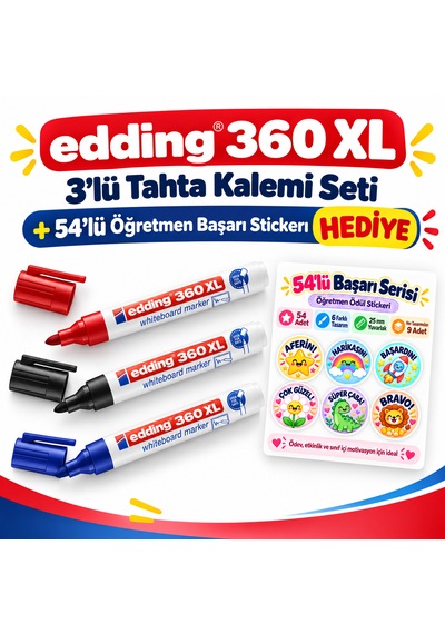 Edding 360 Xl 3'lü Tahta Kalemi Seti Siyah Mavi Kırmızı + 54'lü Başarı Stickerı Hediye Çok Renkli3