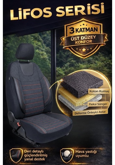 Lifos Serisi Koton Kumaş Universal Oto Koltuk Kılıfı Tam Set Siyah Kırmızı Genel