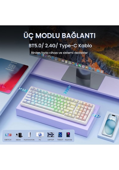 Aula F99 Mekanik Rgb Star Vector Switch 3 Modlu Kablosuz Makrolu Hot Swap Klavye Desenli Beyaz