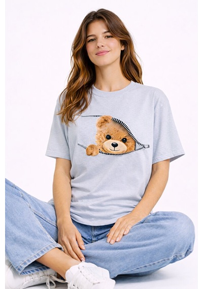 Fermuarlı Ayıcık Baskılı Kadın Tişört Oversize Sevimli Teddy Bear Çok Renkli