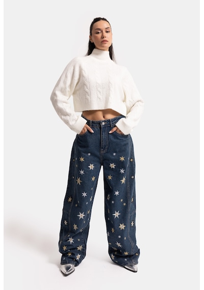 Kadın Koyu Kot 1w6-8 Mega Baggy Yıldız Nakış Detaylı Özel Tasarım Denim Jean
