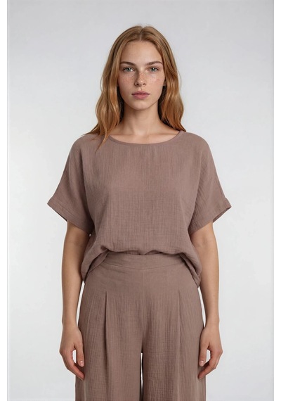 Vitrin Kısa Kol Oversize Keten Bluz CAMEL