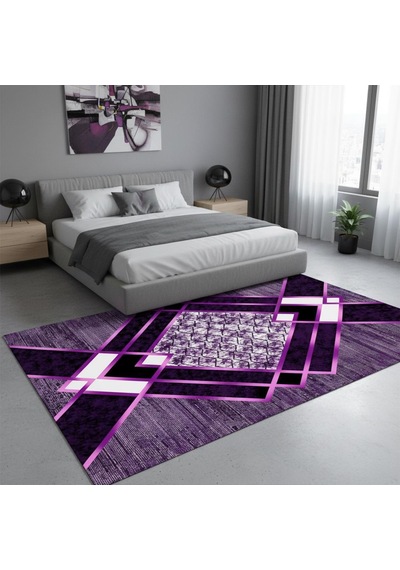 Siyah Lila Modern Geometrik Desenli Dijital Baskılı Halı Kaymaz Tabanlı, Üçgen Ve Elmas Formlu Şık mor