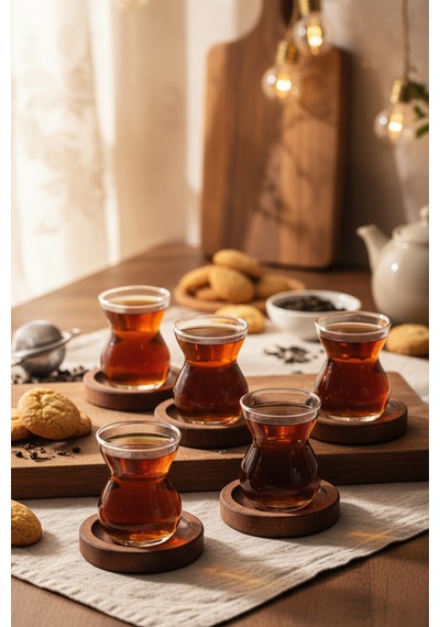 Snippy Lace - 12 Parça Cam Çay Seti Cam Çay Bardağı Ahşap Altlıklı Cam 6'lı Çay Takımı Cam