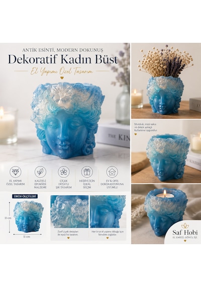 Dekoratif Antik Kadın Büst Mumluk / Saksı El Yapımı Epoksi Tasarım Mavi Şeffaf