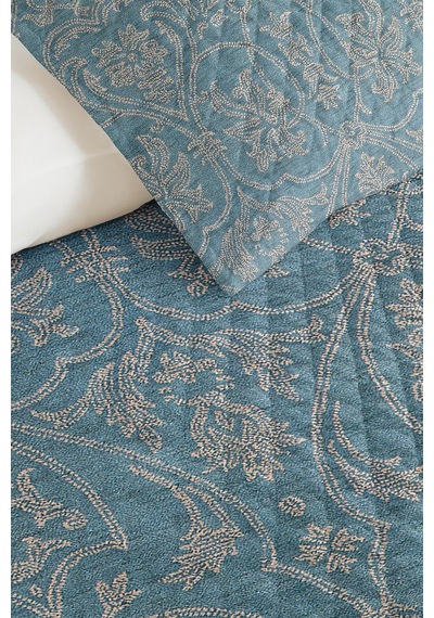Mavi Damask Klasik Tek Kişilik Pike Takımı - Bej Avangart Motifli 160x220 Cm Mevsimlik Yatak Örtüsü Mat Vadi Dönüşü
