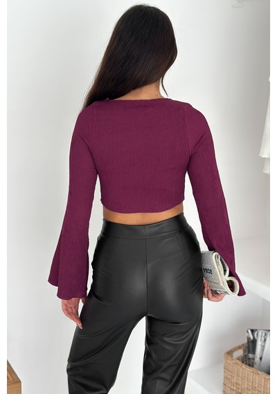 Noa & Noa İspanyol Kol Ribanalı Sivri Etek Uçlu Crop Bluz Modern & Vücuda Oturan Stil Bordo