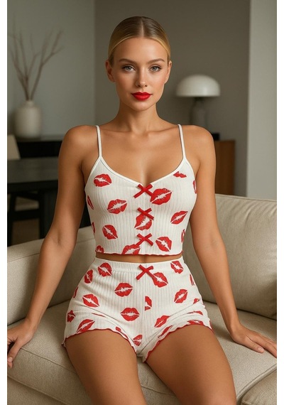 İkikareshop Dudak Desenli Şortlu Pijama Takımı Çok Renkli