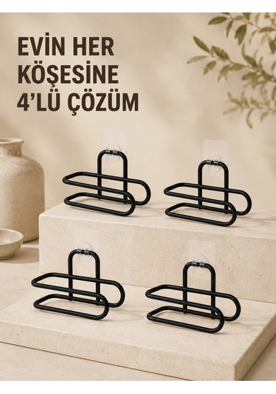 Mey İthalat Delmeden Monte Tuvalet Kağıdı Askısı Siyah Metal Yapışkanlı Banyo Kağıtlığı 4 Lü Set Çok Renkli