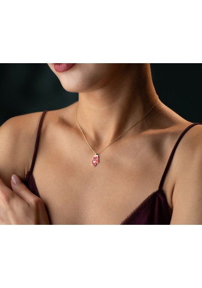 925 Ayar Papatya Silver Kırmızı Eldiven Kolye.rose.gold.rodaj Gümüş