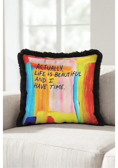 Renkli Yazı Saçaklı Yastık Kılıfı - Pop Art Pembe Turuncu Siyah Püsküllü Kırlent Kılıfı - 55x55 Cm Yalın Düş Nektar Renkli Yazı Saçaklı Yastık Kılıfı - Pop Art Pembe Turuncu Siyah Püsküllü Kırlent Kılıfı - 55x55 Cm Yalın Düş Nektar