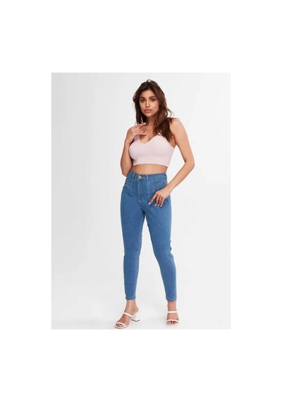 Kene Jeans Yüksek Bel Ön Conta Çımalı Esnek Dar Paça Mavi