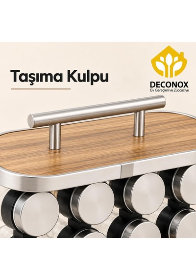 Ahşap Ve Paslanmaz Çelik Standlı 8'li Cam Baharatlık Seti, 8 X 120 Ml, Taşıma Kulplu, İki Sıralı Tezgah Üstü Baharat Düzenleyici, Dökme Başlıklı Diğer