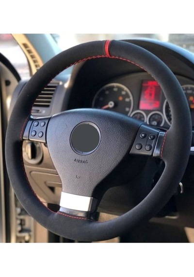 Vw Golf 5 Uyumlu Alkantara Dikmeli Direksiyon Kılıfı Kırmızı Yüzüklü