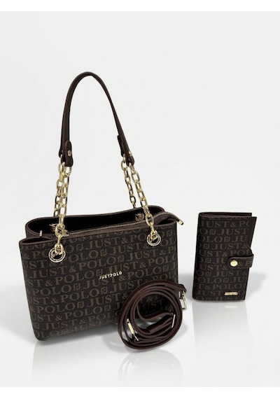 Just Polo Özel Günlere Uygun Baskılı Şık Omuz Çantası Ve Cüzdanı Kombin Shopper Kahverengi