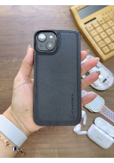 Apple iPhone 14 Uyumlu Premium Deri Dokulu Darbelere Karşı Dayanıklı Nazal Silikon Kılıf Siyah