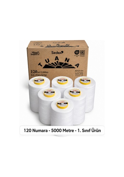 Tuana Polyester Dikiş İpliği 120 Numara 5000 Metre Beyaz 6'lı Bobin Makine İpi Konfeksiyon Dikiş İpi