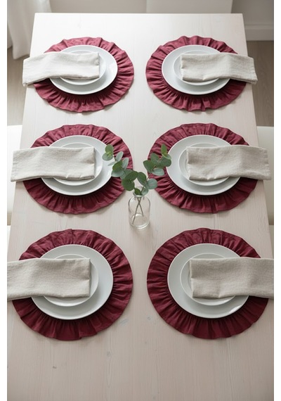 Yunusoğlu Home Pamuklu Fırfırlı Supla 6'lı Set Amerikan Servis 33 Cm Çap Supla 6'lı Bordo