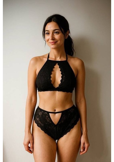 Ang Butik Kadın Siyah Halter Yaka Göğüs Dekolteli Dantel Bralet Takım